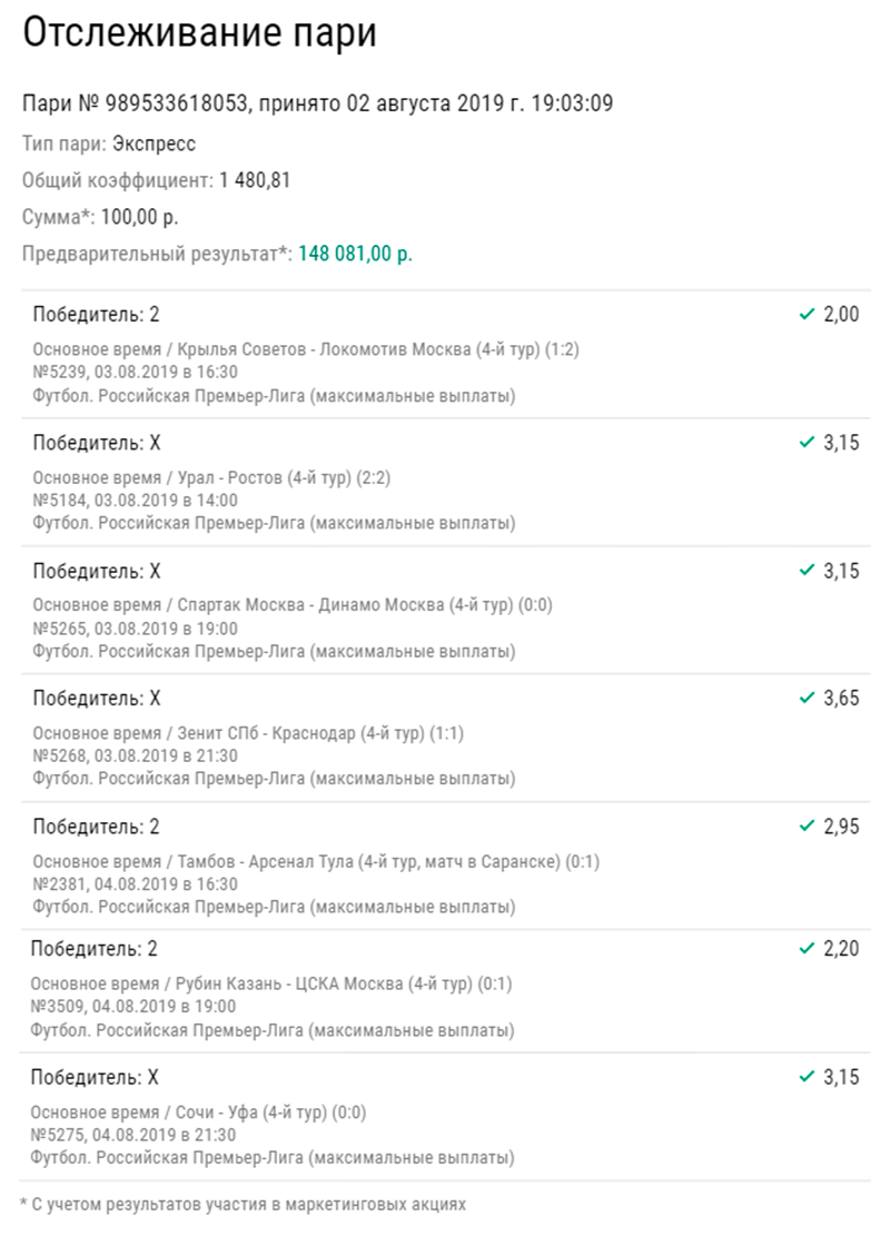 Клиент БК угадал исходы семи матчей 4-го тура РПЛ и увеличил деньги в 1,5 тысячи раз
