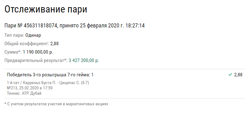 Ставка на матч теннисного турнира в Дубае принесла 3,5 млн рублей