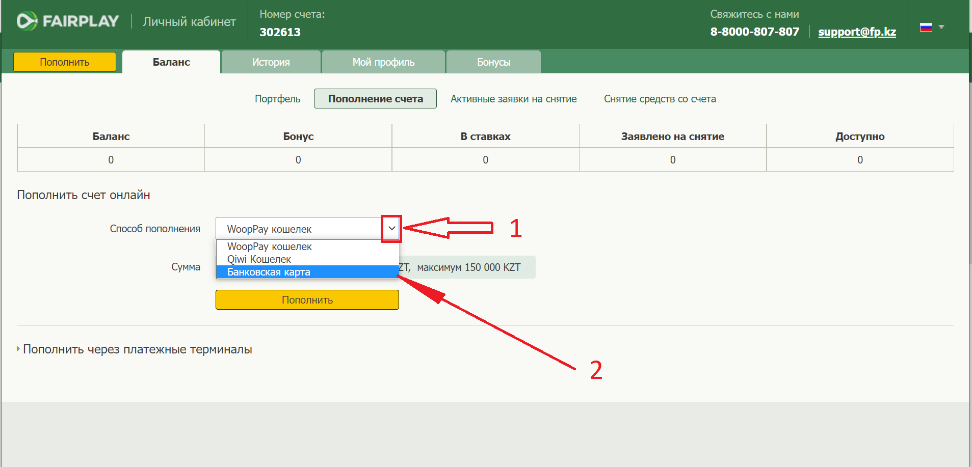 Как пополнить счет Fairplay: Visa и MasterCard