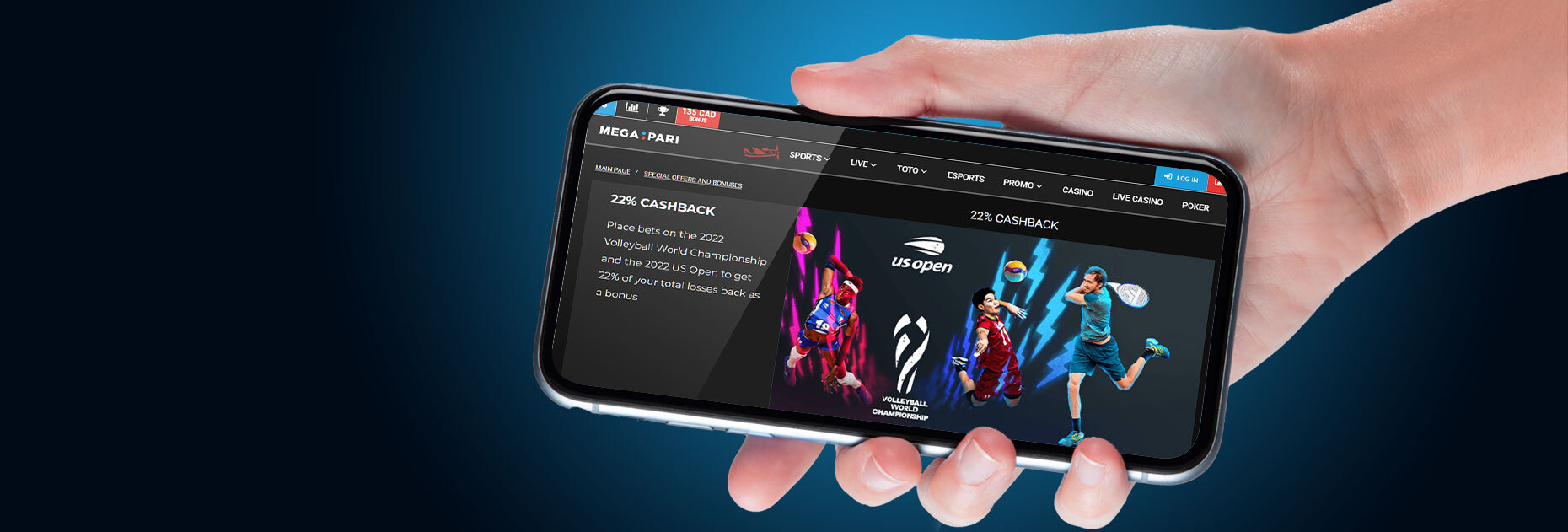 Кэшбэк 22% к ЧМ по волейболу и US Open 2022 от БК Megapari