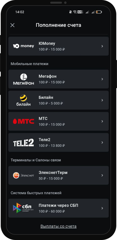 Выбор способа пополнения счета в БК Леон