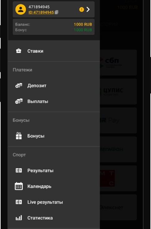 Боковое меню в приложении мелбет