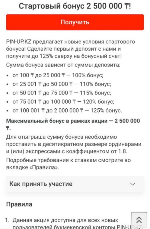 Описание бонуса на сайте БК pin-up кз