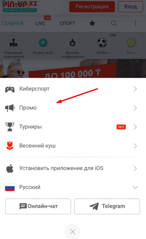 Переход в раздел промо на сайте БК pin-up кз