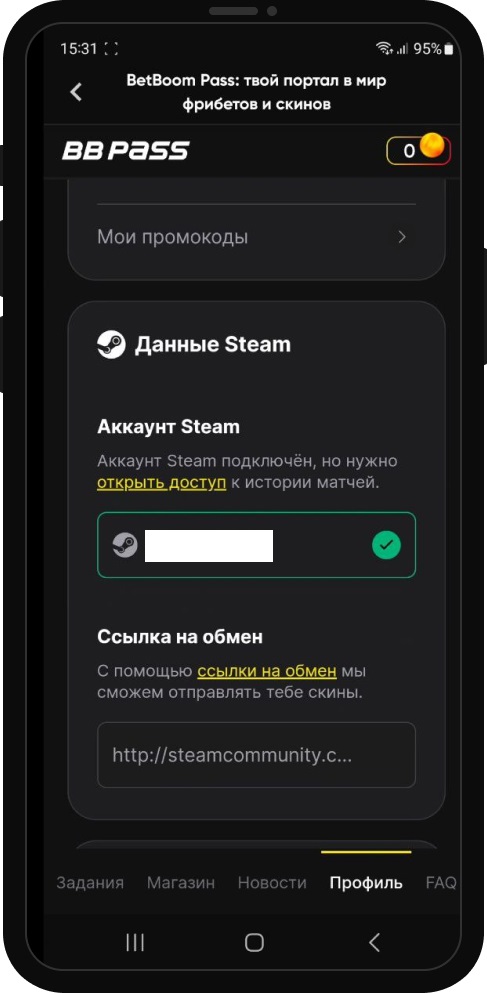 Успешная привязка аккаунта Steam в акции Betboom Pass