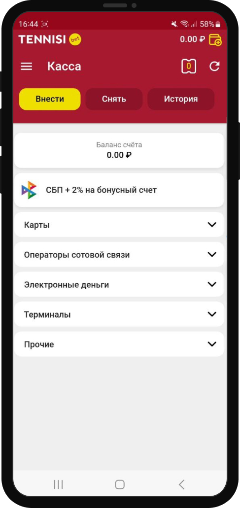 Страница платежей в БК Тенниси
