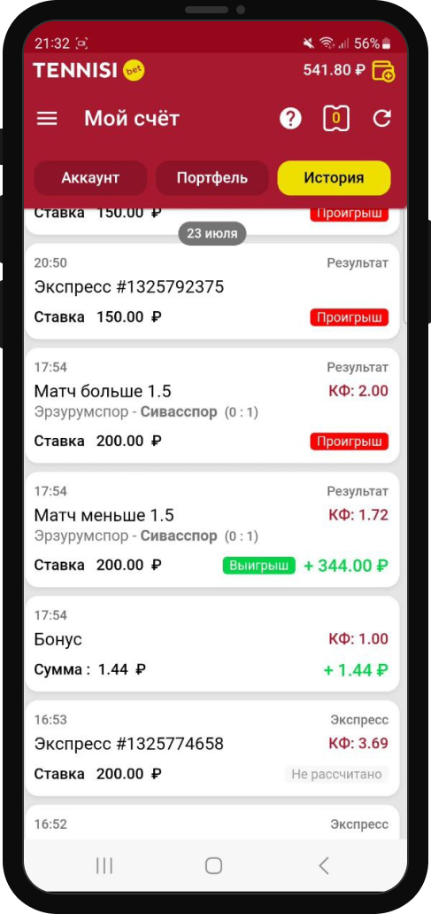 История ставок в БК Тенниси