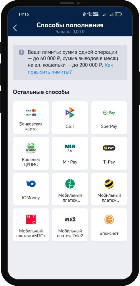Выбор способа пополнения счета в приложении БК Марафон