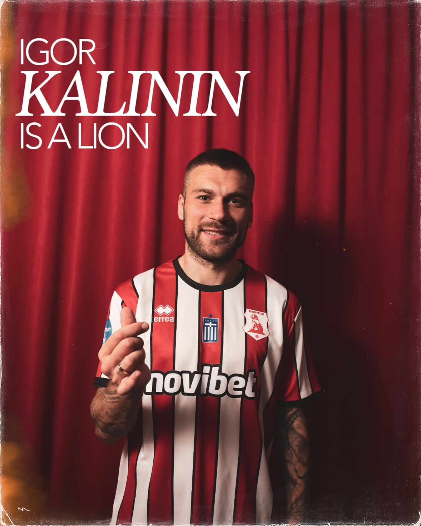 25 сентября 2025 года. Российский защитник Игорь Калинин представлен в качестве новичка греческого клуба «Пансерраикос». Фото: panserraikosfc.gr