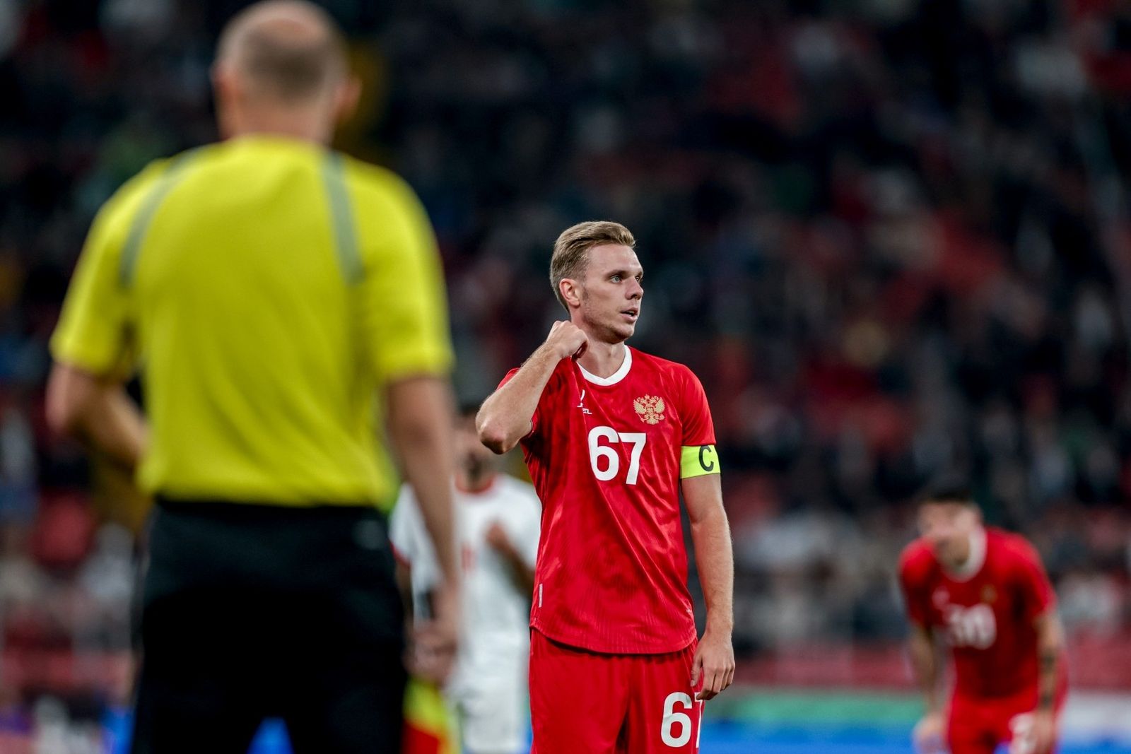 4 сентября 2025 года. Полузащитник сборной России Максим Глушенков в товарищеском матче со сборной Иордании в Москве. Фото: Михаил Шапаев, РФС